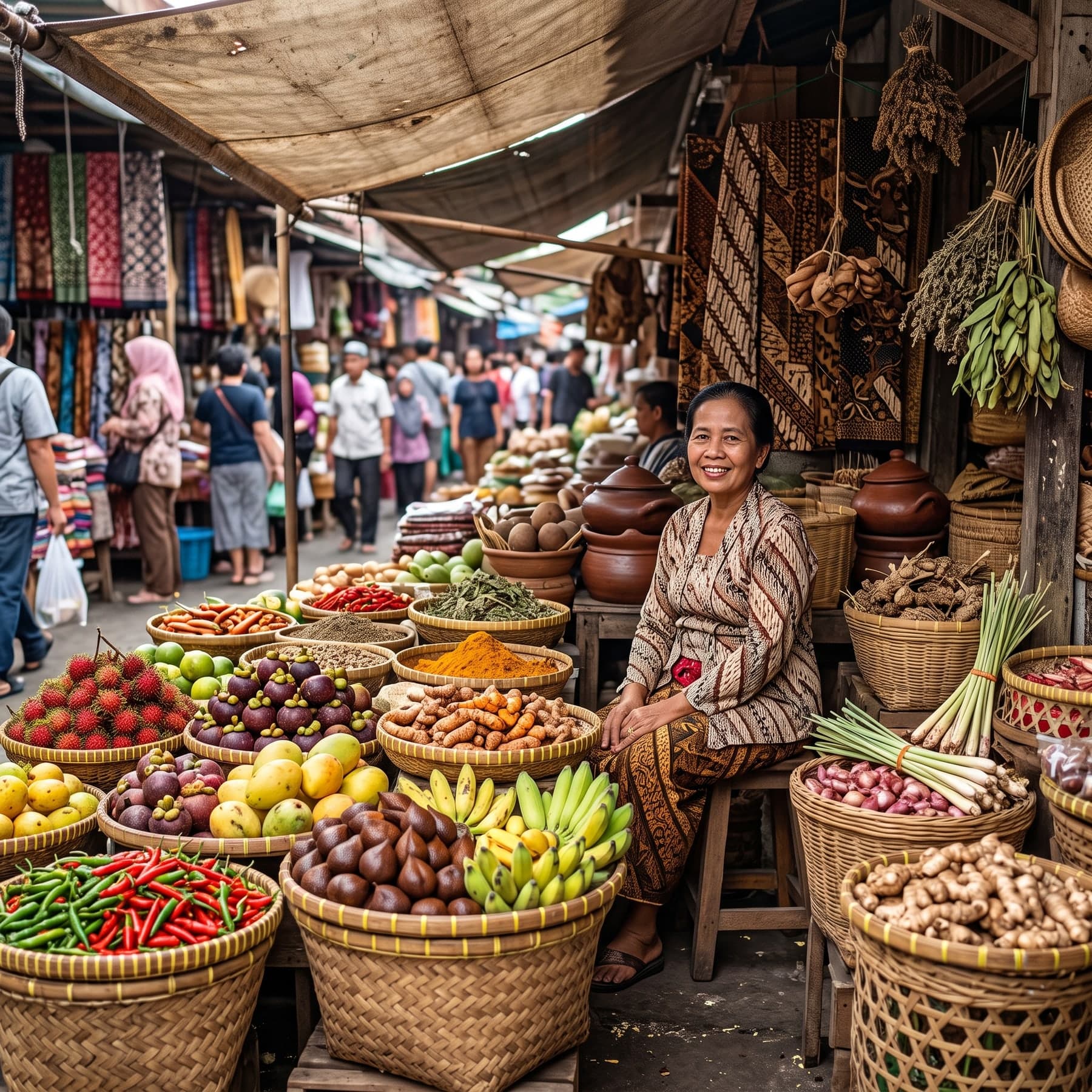 A smiling seller behind baskets of fruit, spices and vegetables at an outdoor market