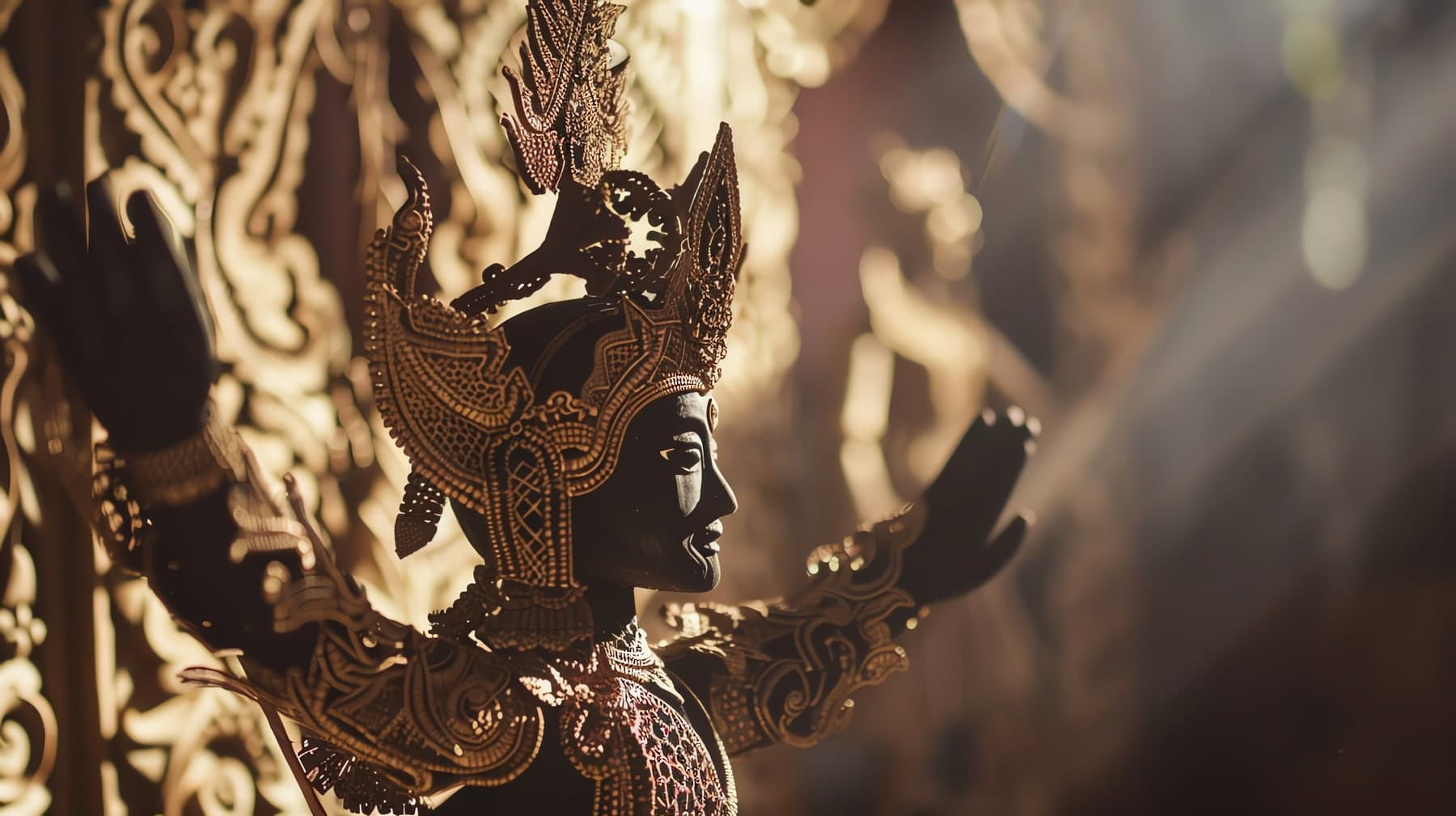 Close-up of a carved wooden figure decorated with gold leaf and jewels, lit from the side